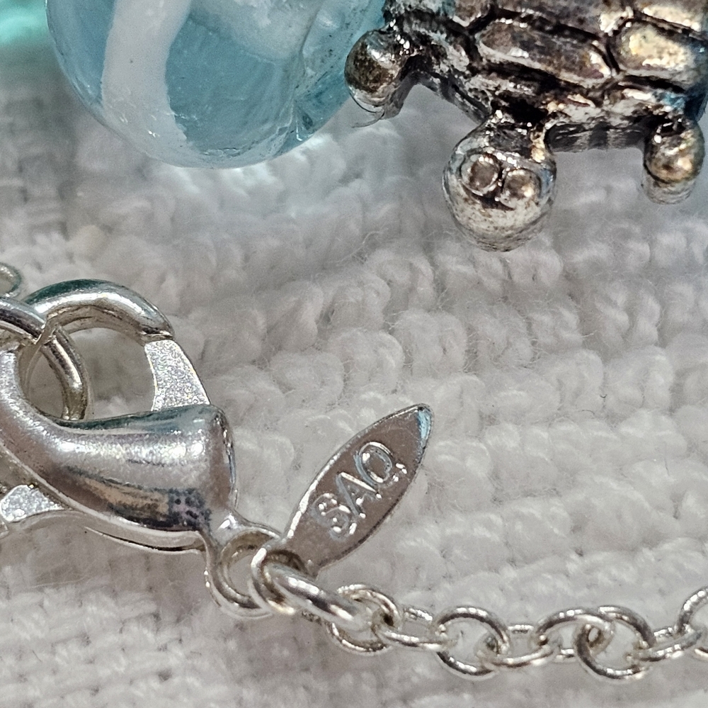 Silver and Blue Beaded Ocean Theme Blown Glass Vintage Necklace SAQ - Picture 14 of 14